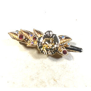 Hair Barrette Clip Gold Tone Red Blue Rhinestone Flower Leaf Spring Party